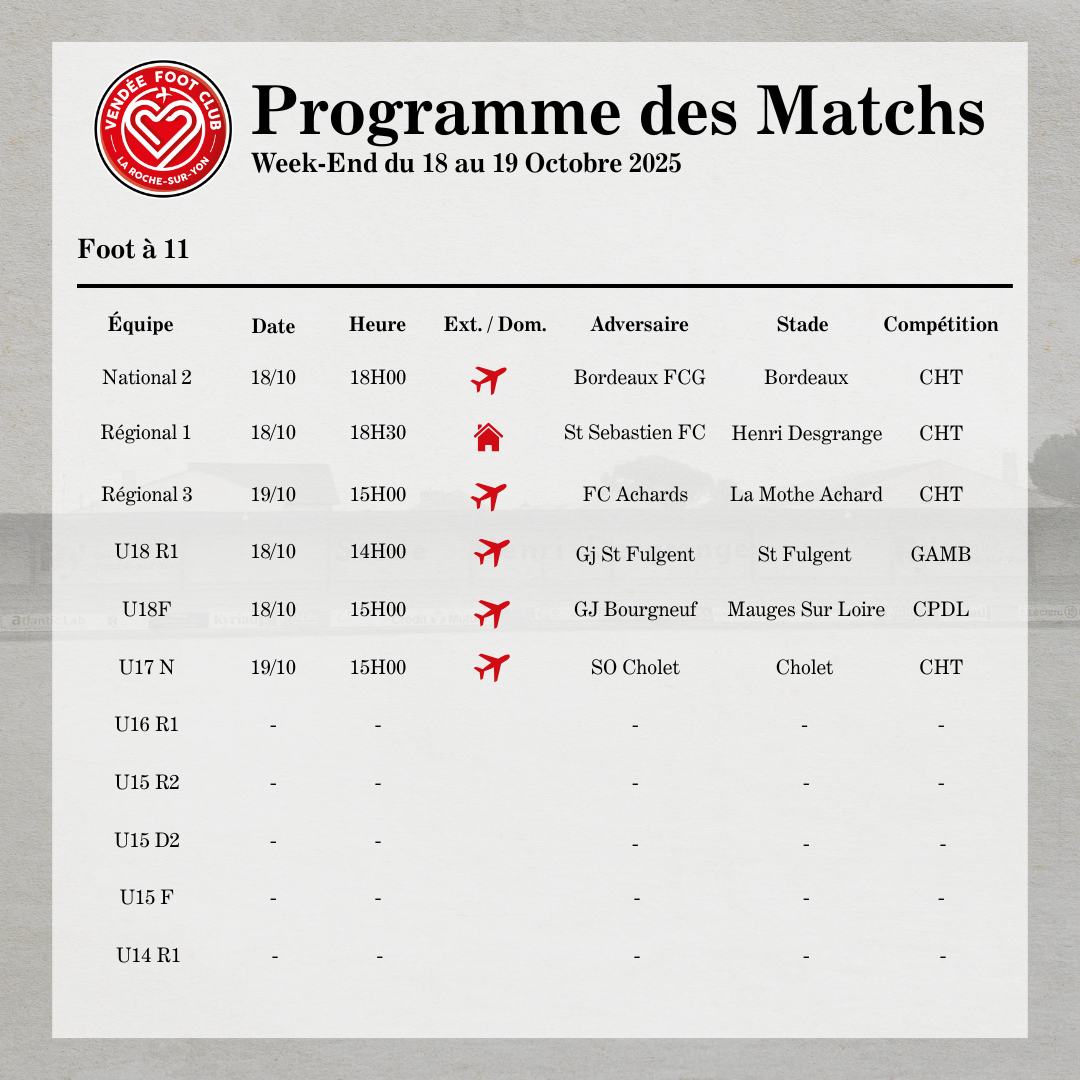 PROGRAMME DES MATCHS DU WEEK-END