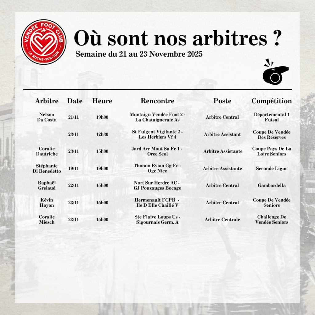 Programme des arbitres - du 19 au 23 Novembre 2025