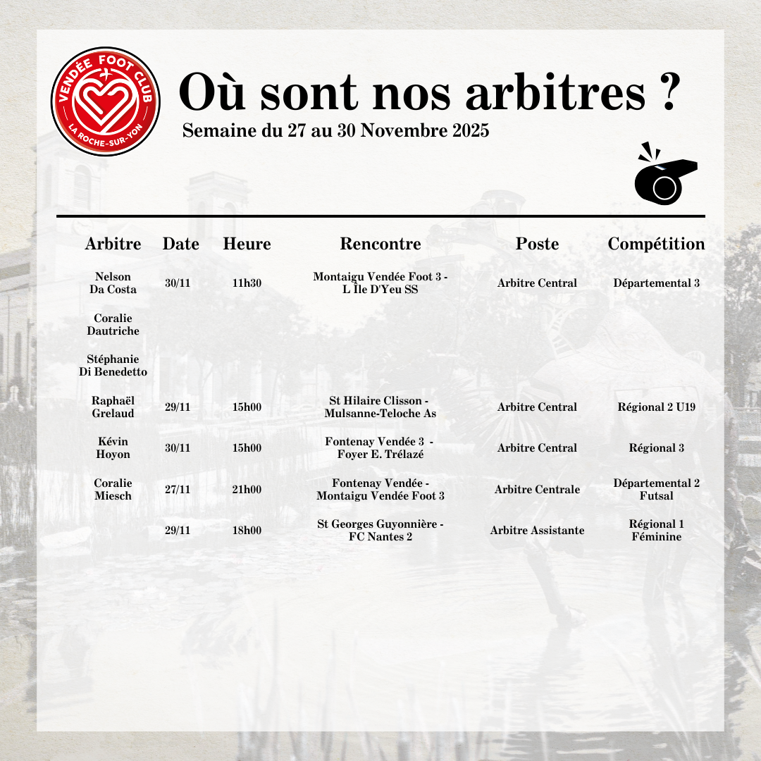 Programme de nos arbitres - Du 27 au 30/11/2025